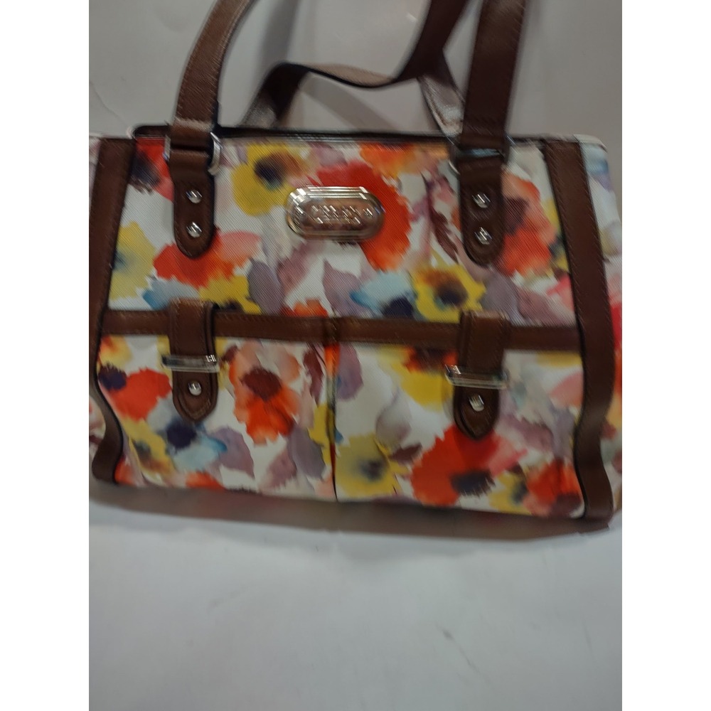Chaps Watercolor Floral Tote Bag Brown Leather Trim Top Zip Medium Handbag,Purse